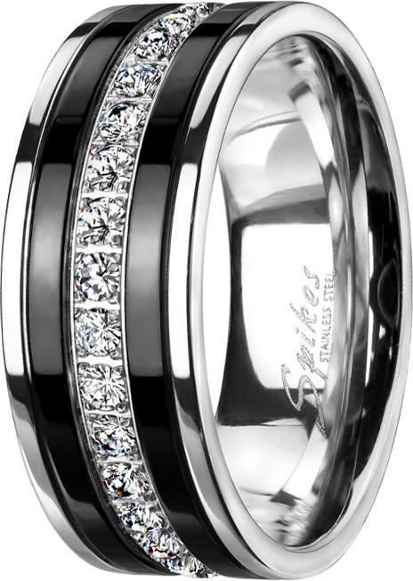 Actual product image Star Piercing Ring silver black stripes with crystal stripes (Surgical steel 316L)