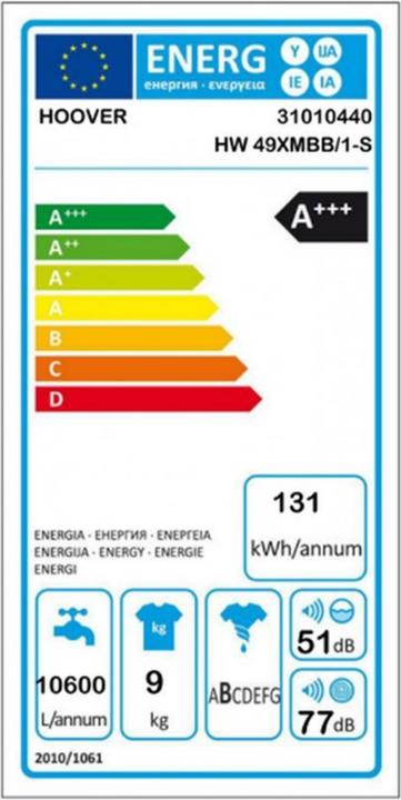 Energy Label Hoover HW 49XMBB/1-S (9 kg, Left)