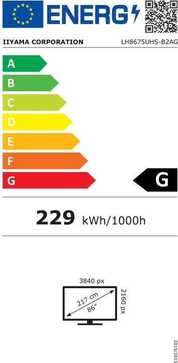 Energy Label iiyama 86" 3840x2160, UHD IPS panel, Haze 25% (3840 x 2160 Pixels, 86.60")