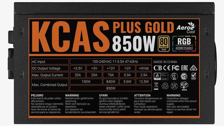 Produktbild AeroCool KCAS PLUS GOLD 850W - 850 W - 100 - 240 V - 47 - 63 Hz - 11 - 5.5 A - 1 (850 W)