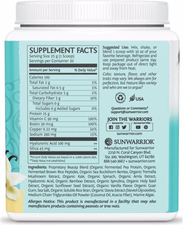 Valori nutrizionali e ingredienti Sunwarrior Peptidi proteici per la costruzione del collagene Tahitian Vanilla (1 Pezzo/i, Polvere, 500 g)