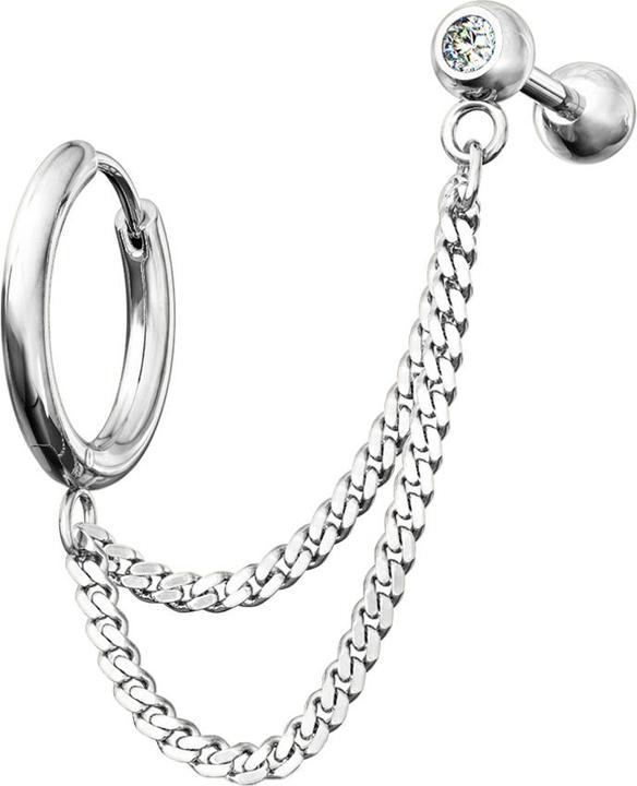Produktbild Star Piercing Ohrring silber Doppelkette Micro Barbell mit Kugel und Kristall (Chrirugenstahl 316L)