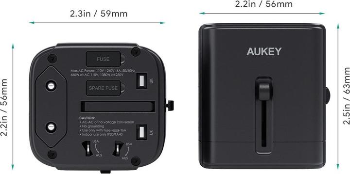 Produktbild Aukey PA-TA01 White Universal Travel Adapter with 1xUSB-C and 2x