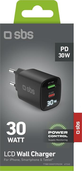 Immagine prodotto SBS Caricatore da viaggio PD 30W USB-C/18W USB LCD GaN nero (30 W)