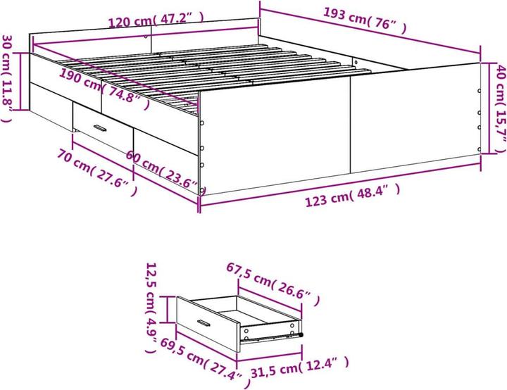 Actual product image VidaXL Bed frame with drawers (120 x 190 cm)