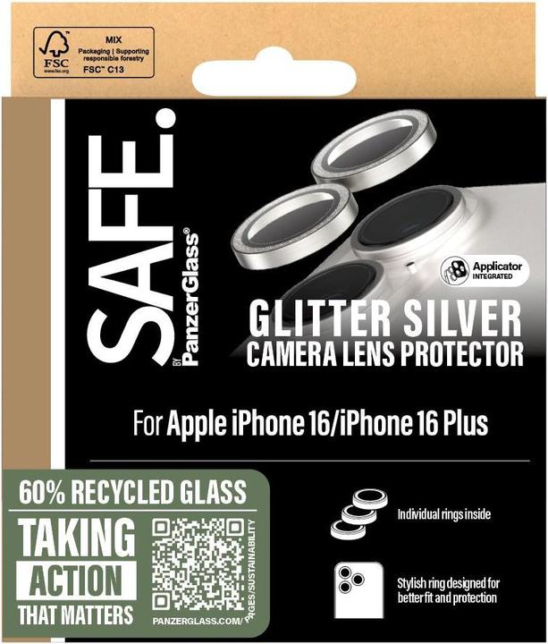 Produktbild PanzerGlass SAFE. by ® Kameraschutz Glitter Silber iPhone '24 6.1" | 6.7" (1 Stück, Apple iPhone 16 Plus, Apple iPhone 16)