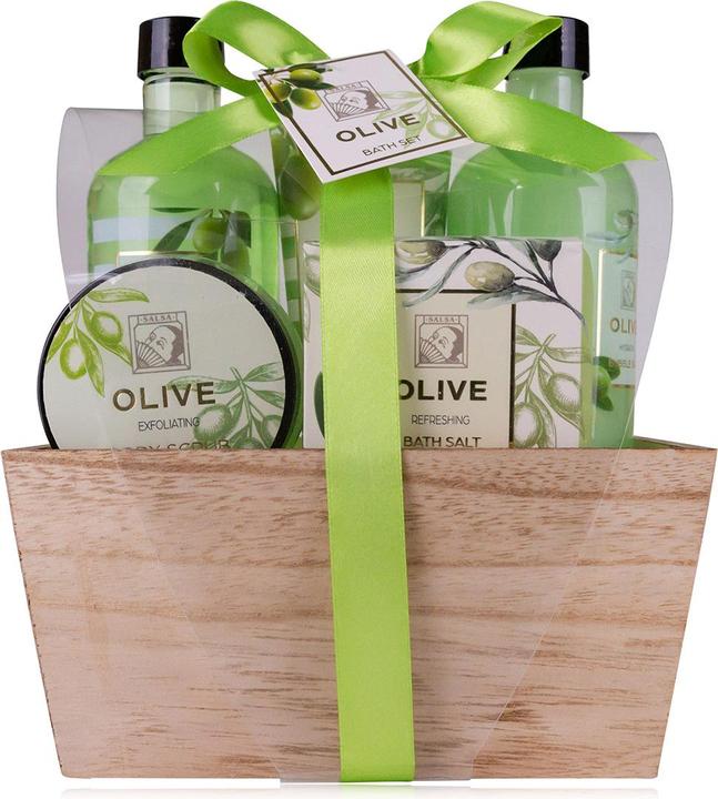 Accentra Badeset OLIVE in Holzbox, inkl. 270ml Duschgel, 270ml Schaumbad, 100ml Bodylotion, 60ml Körperpeelin (Körperpflegeset, Haarpflege set)