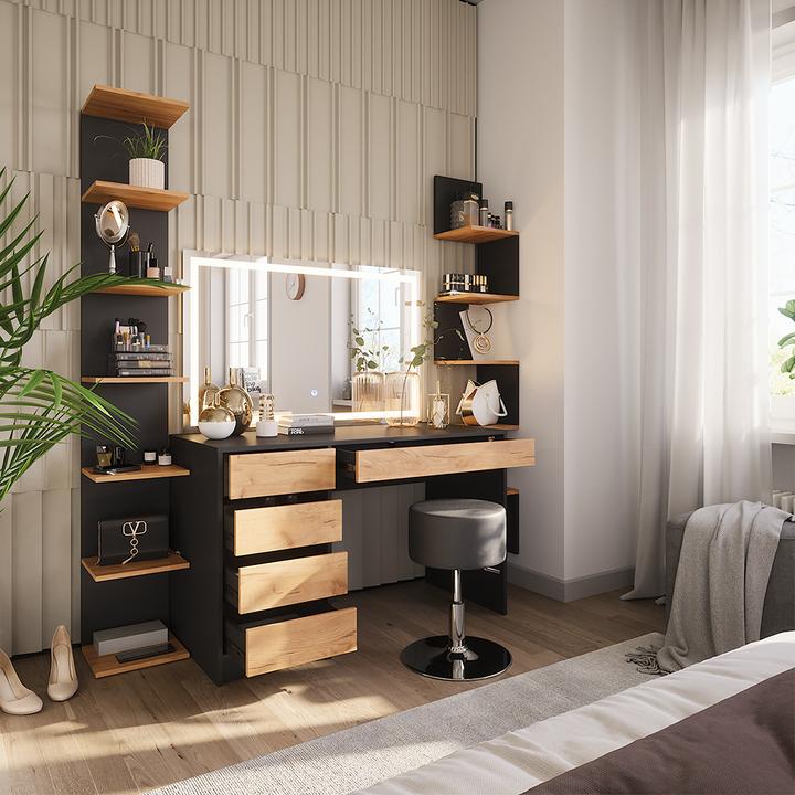 Produktbild Vicco Schminktisch Sherry, Anthrazit/Goldkraft Eiche, 120 x 75 cm mit LED-Spiegel und Hocker (120 x 75 x 55 cm)