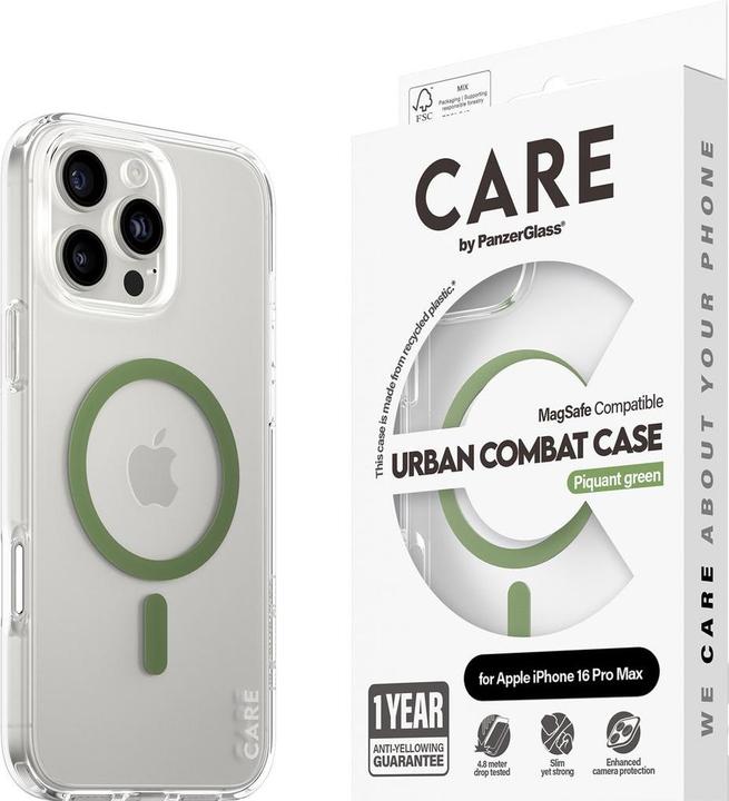 Actual product image PanzerGlass CARE by ® Flagship Case Transparent Urban Combat w. Green MagSafe iPhone '24 6.9" Pro (Apple iPhone 16 Pro Max)