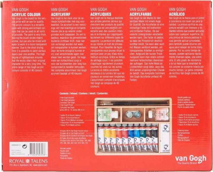 Produktbild Van Gogh Holzkasten Acrylfarben Basic (Weiss, Dunkelgelb, Gelb, Grün, Blau, Rosa, Schwarz, Rot, Braun, Dunkelblau, 175 ml)