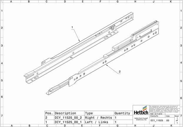 Immagine prodotto Hettich Schubladenschiene Teilauszug Rollschubführung mit integrierter Dämpfung 450 mm weiss 2 Stück