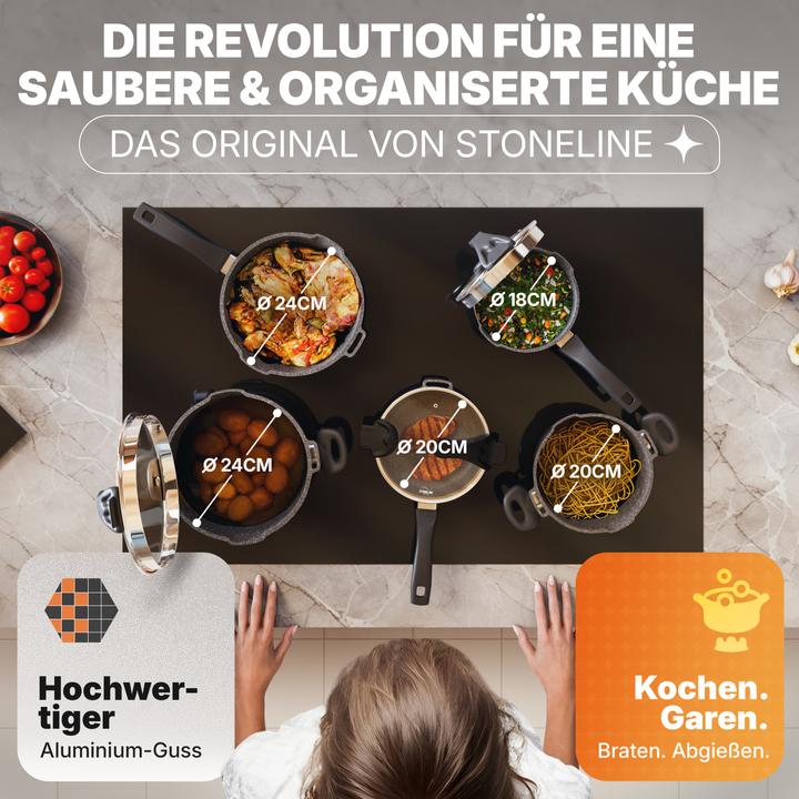 Produktbild Stoneline Future Topfset 8 teilig mit Sieb Deckeln, beschichtete Töpfe, Pfannen Induktion geeignet (24 cm, Kochtopf, Bratpfanne, Stielkasserolle, Bräter + Schmortopf, Aluminiumguss)