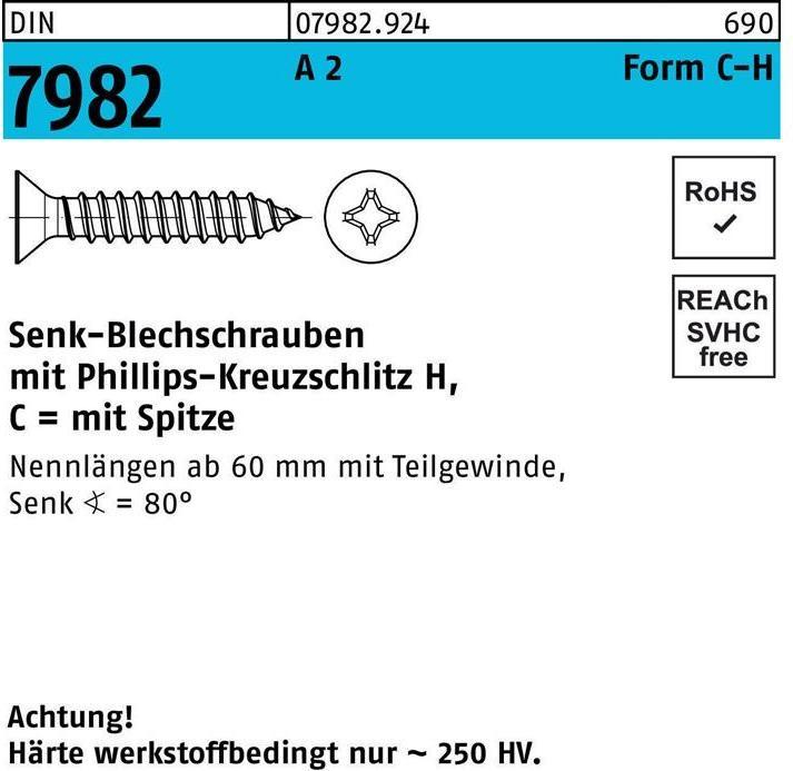 Immagine prodotto Vite autofilettante a testa svasata DIN 7982 con intaglio a croce PH/tip C 2,2 x 16 -H A 2 (1000 Viti per pezzo)