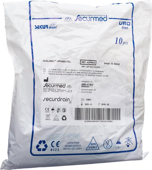 Image du produit Qualimed Poche à urine 2l 90cm avec écoulement RV, 10 pièces