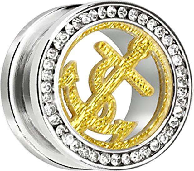 Produktbild Star Piercing Flesh Tunnel silber mit Kristall silber und goldenem Anker (ohne Messing, Chirurgenstahl 316L)