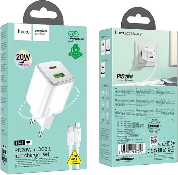 Actual product image Hoco Adapter charger USB A + Type C + cable Type C to Lightning PD QC 3A 20W N41 white (20 W)