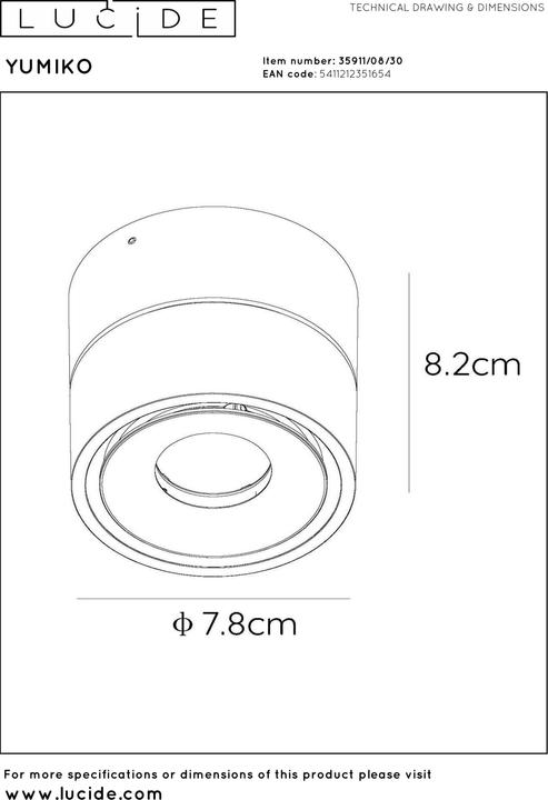 Actual product image Lucide YUMIKO - Ceiling spotlight - Ø 7,8 cm - LED Dim. - 1x8W 2700K - Black 35911/08/30 (480 lm)