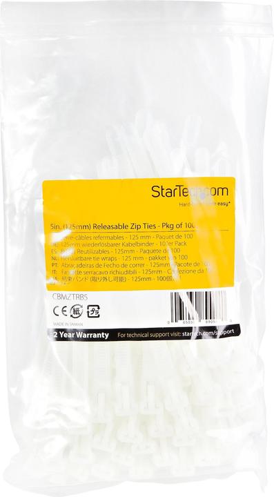 Actual product image StarTech 12cm(5") Reusable Cable Ties, 7mm(1/4") wide, 30mm(1-1/8") Bundle Dia. 22kg(50lb (Plastic cable ties, 8 mm, 100 pcs.)