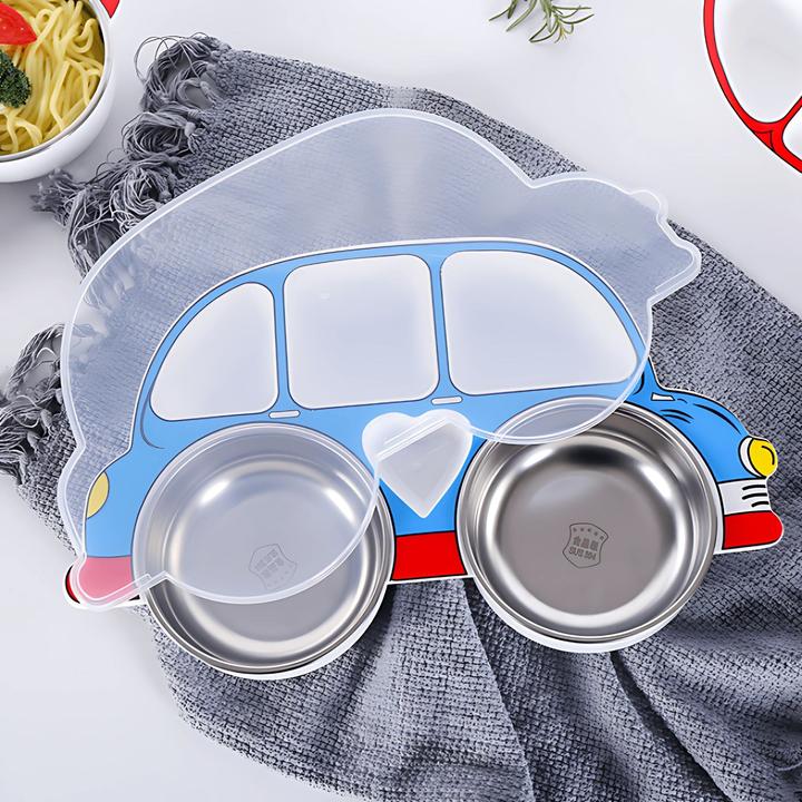 Image du produit Milkii Assiette avec couvercle & deux bols en acier inoxydable, voiture - Bleu