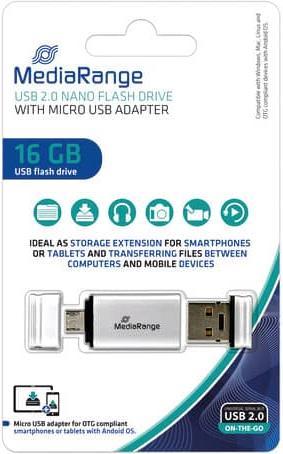 Image du produit MediaRange Nano clé mémoire USB avec adaptateur micro USB (16 Go, USB-A, Micro USB, USB 2.0)