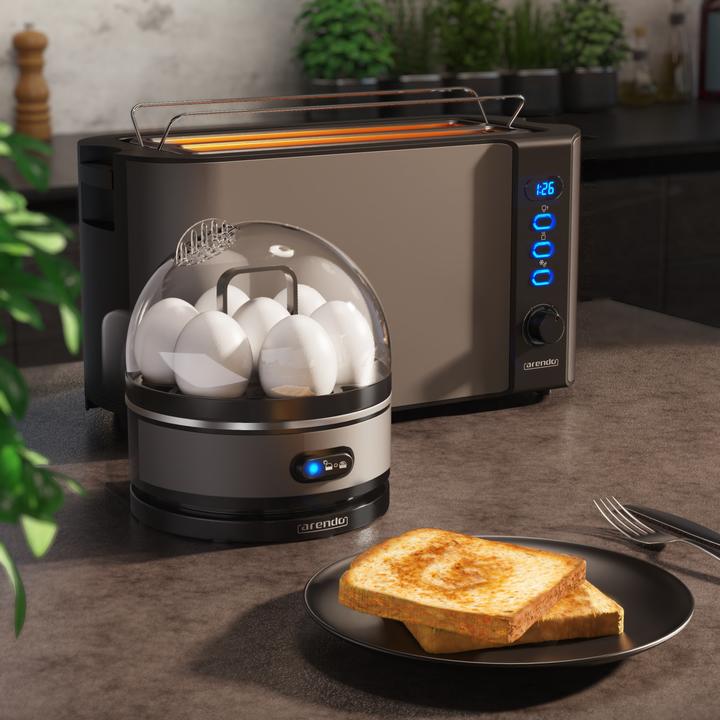 Produktbild Arendo Frühstücks Set, 4 Scheiben Langschlitz Toaster mit Brötchenaufsatz & Eierkocher für 7 Eier, Grau