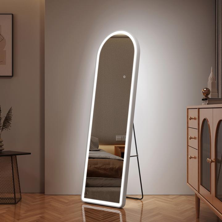 Image du produit Emke Miroir sur pied arqué avec éclairage, 3 températures de couleur, cadre en aluminium, 45x147cm, blanc