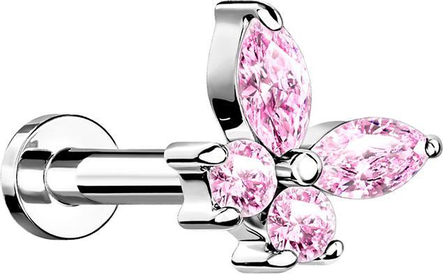 Star Piercing Micro Labret Innengewinde silber Schmetterling mit Kristallen pink (Chirurgenstahl 316L, Messing)