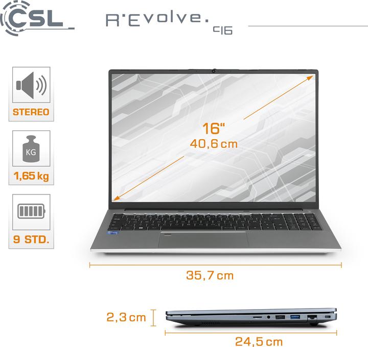 Actual product image CSL Notebook R'Evolve C16 / 64GB / 2000GB / Windows 11 Pro (16", Intel Core i5-1235U, 64 GB, 2000 GB, DE)