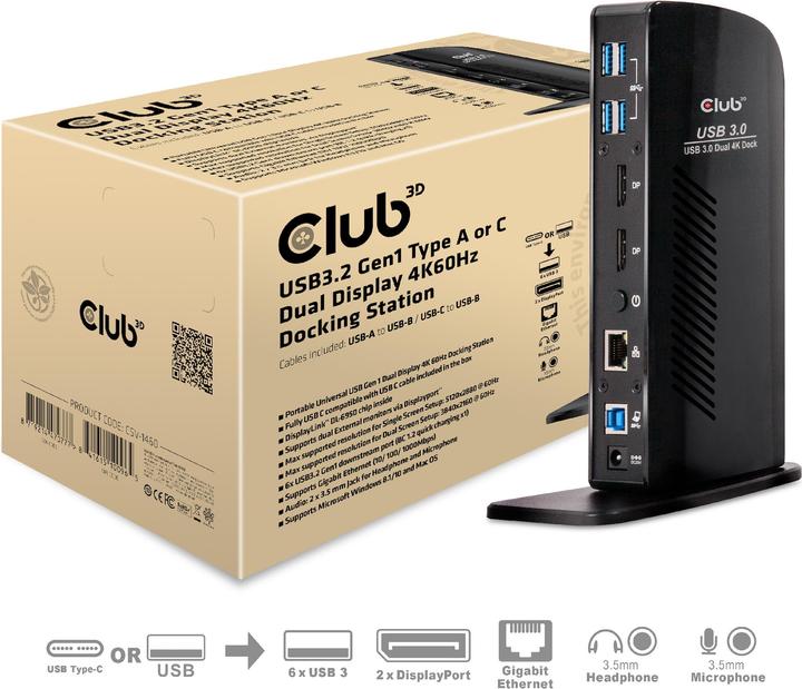Actual product image Club 3D Dual Display Docking Station 4K60Hz (USB-B, 6 Ports)
