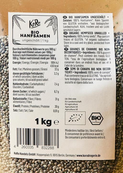 Valeurs nutritives et ingrédients KoRo Bio Hanfsamen ungeschält (1000g) (1000 g)