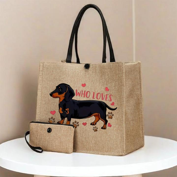 Only-Bags.Store 2 Stück Hundedruck Canvas Tote Bags - Leichte Reise- und Strandtaschen mit Schnallenverschluss