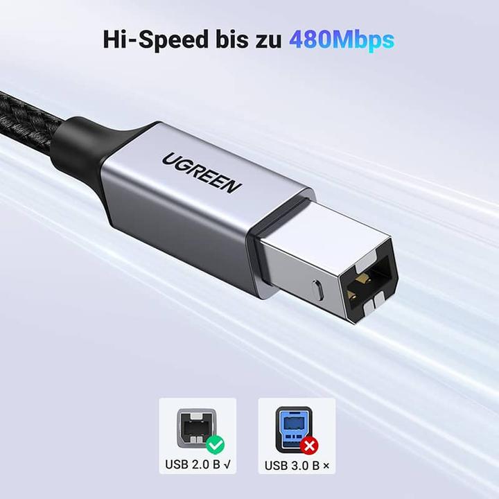 Produktbild Ugreen – USB-C auf USB-B 2.0 Druckerkabel – Alugehäuse 1 m (US370 / 80805), schwarz/grau (1 m, USB 2.0)