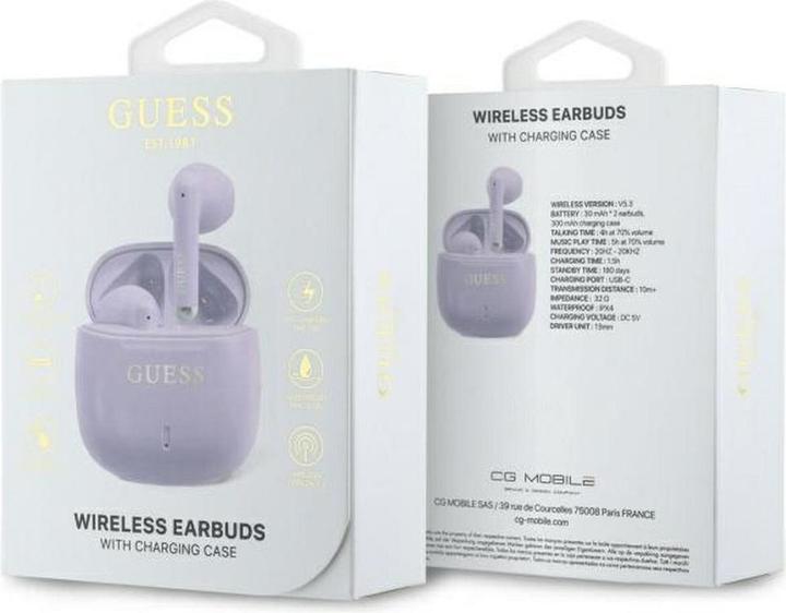 Produktbild Guess Bluetooth headphones GUTWSJ14ESGU TWS + docking station purple/purple Printed Classic Logo (ANC, 26 h, Kabellos)