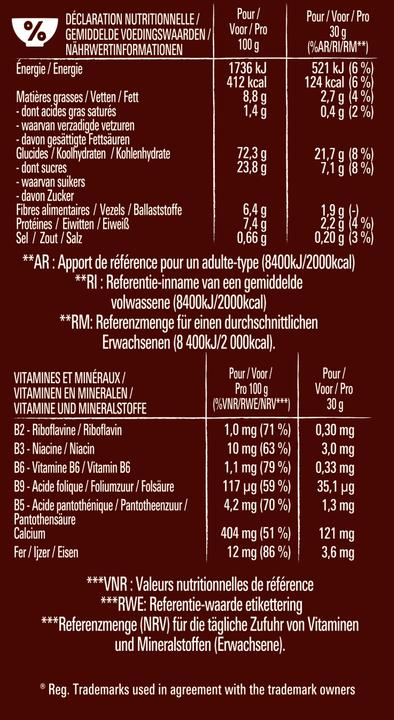 Valeurs nutritives et ingrédients Nestlé Céréales Triple Crunchy Caramel salé & Chocolat 300g (350 g)