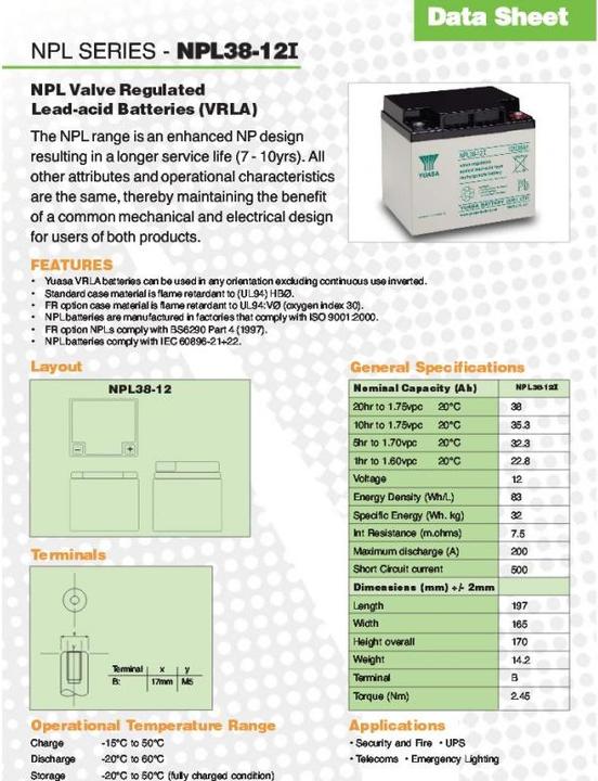 Actual product image Yuasa NPL38-12I Lead battery 12 Volt, 38Ah with M5 connection (12 V, 38 Ah)
