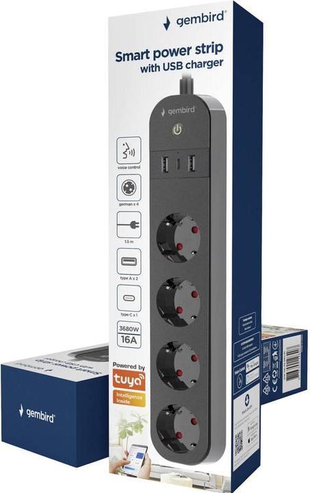 Produktbild Gembird Smart Steckdosenleiste mit USB-Ladegerät 4 französische Steckdosen schwarz (4 x, CEE 7/5, 1.50 m)