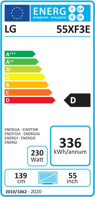 Energy Label LG Digital Signage 55XF3E 55inch HIGH BRIGHTNESS SEMI-OUTDOOR 24/7 FHD 0cdm Bui (1920 x 1080 pixels, 55")