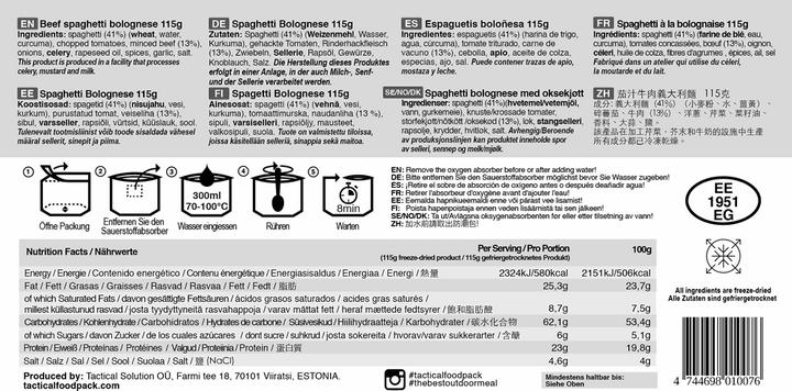 Nutritional values and ingredients Tactical Foodpack Beef Spaghetti Bolognese (115 g)