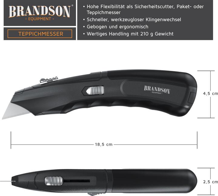 Produktbild Brandson Teppichmesser, Kartonmesser, Profi Messer, Cuttermesser inkl. Ersatz Trapezklingen, Universalmesser (Cutter)