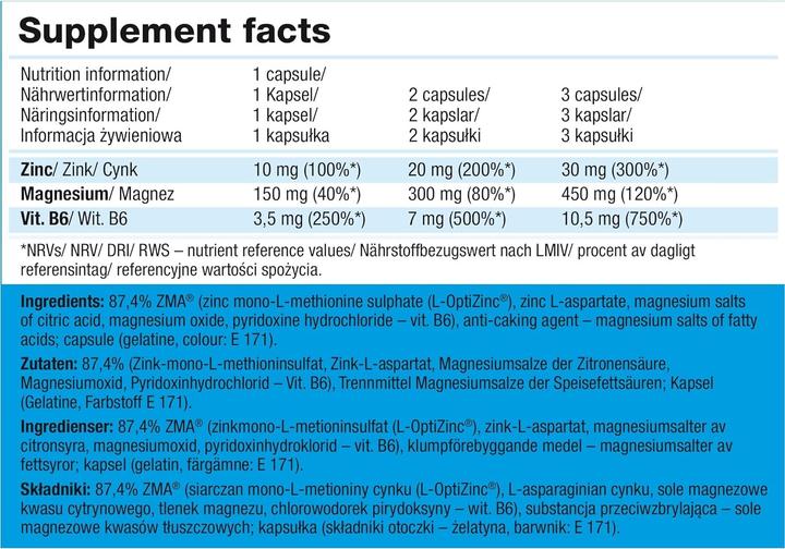 Valeurs nutritives et ingrédients Olimp Sport Nutrition ZMA (T-Activation) 120 Caps (120 pièce(s), Capsules, 111.60 g)