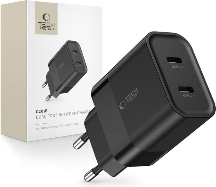 Actual product image Tech-Protect C20W mains charger 2x USB-C PD 20W - black (20 W)