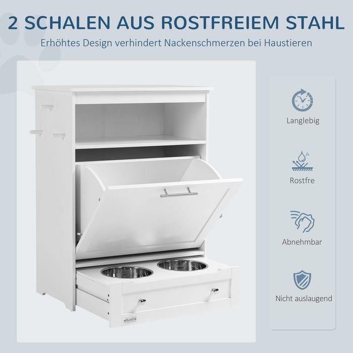 Produktbild Swisshandel24 Haustier-Futterschrank Tierfutterschrank mit 2 Edelstahlnäpfen, 3 Haken, Weiss