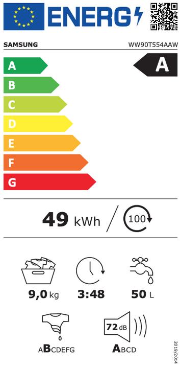 Energie-Label Samsung WW90T554AAW - Wasmachine (9 kg, Links)