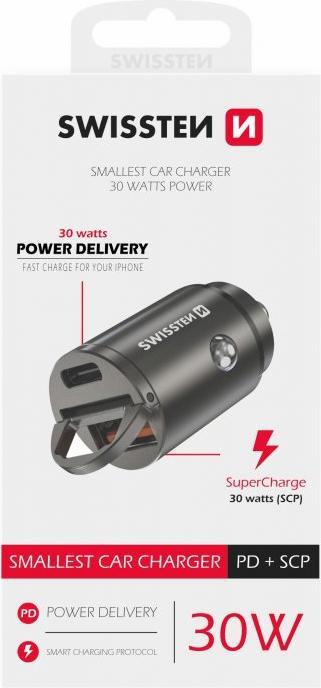 Actual product image Swissten Car Adapter Power Delivery USB-C + Super Charge 3.0 30W NANO