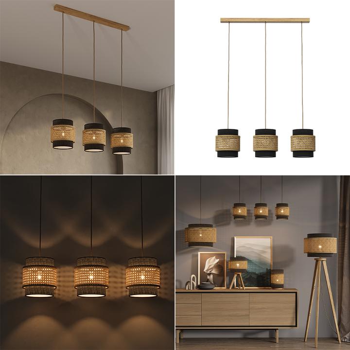 Immagine prodotto Vicco Lampada a sospensione a 3 pezzi Morten, Rattan/nero, 70 x 120 cm (E27)