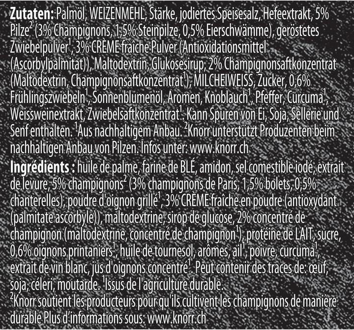 Valeurs nutritives et ingrédients Knorr Suprême Soupe de champignons des bois sachet avec champignons, cèpes, chanterelles & crème fraîche