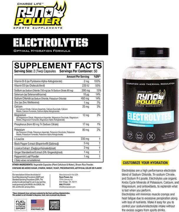 Nutritional values and ingredients Ryno Power Electrolytes Capsules (100 Piece, Capsules)