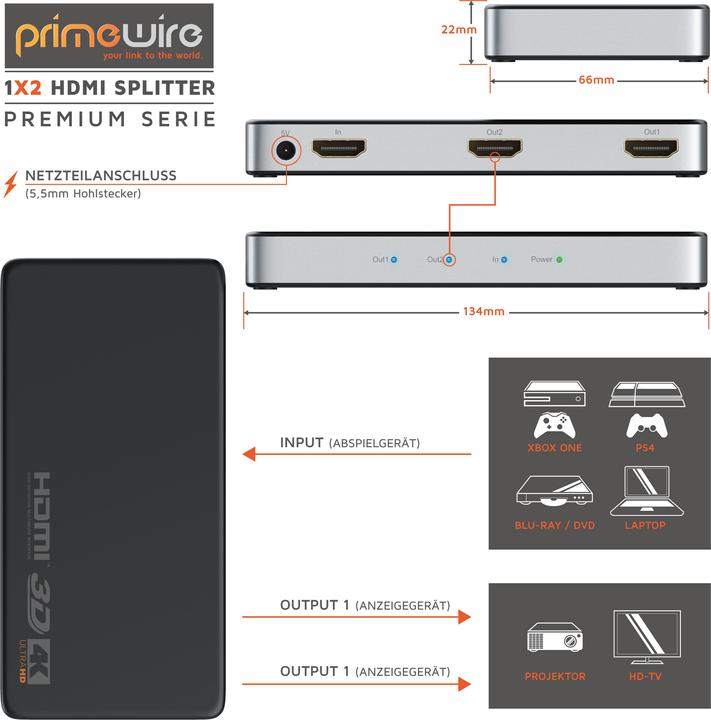 Actual product image Primewire HDMI splitter, switcher, distributor 4K UHD 2160p 4K 30Hz, Full HD, CEC, HDCP, 3D Ready, Deep Colour