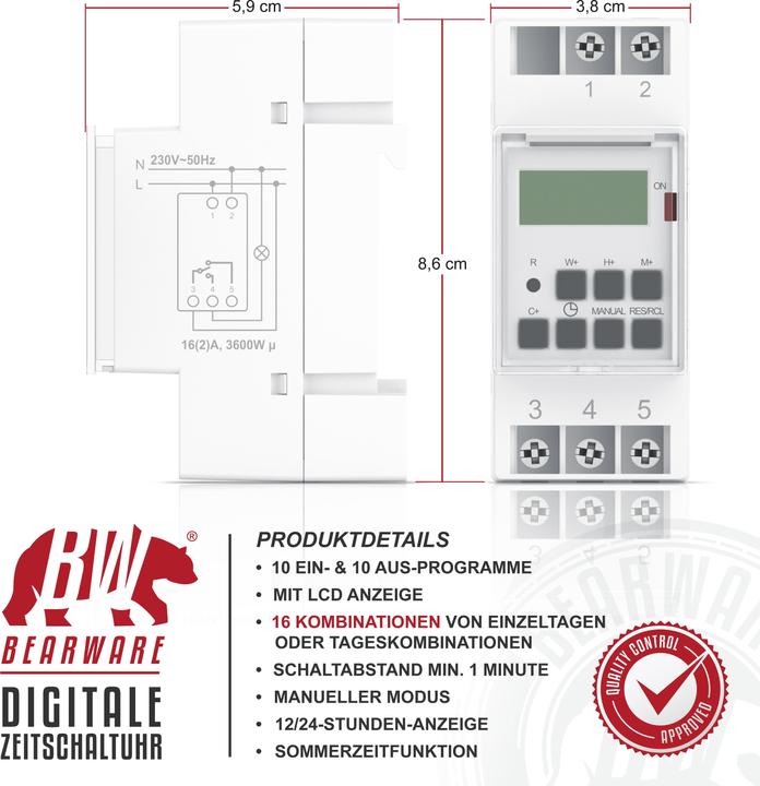 Produktbild Bearware Zeitschaltuhr digital für DIN Hutschienen im Verteilerschrank / Schalttafeln, LCD Display, 16A/3680W