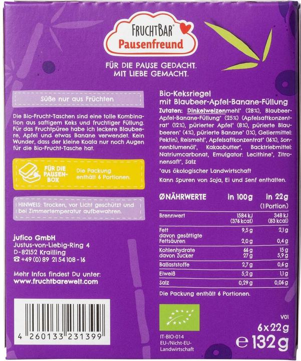 Nutritional values and ingredients Fruchtbar Riegel Fruchttasche (132 g)